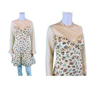Vintage 70s Mini Dress Women's Small Floral Lace Silhouette Bust Boho Dropwaist